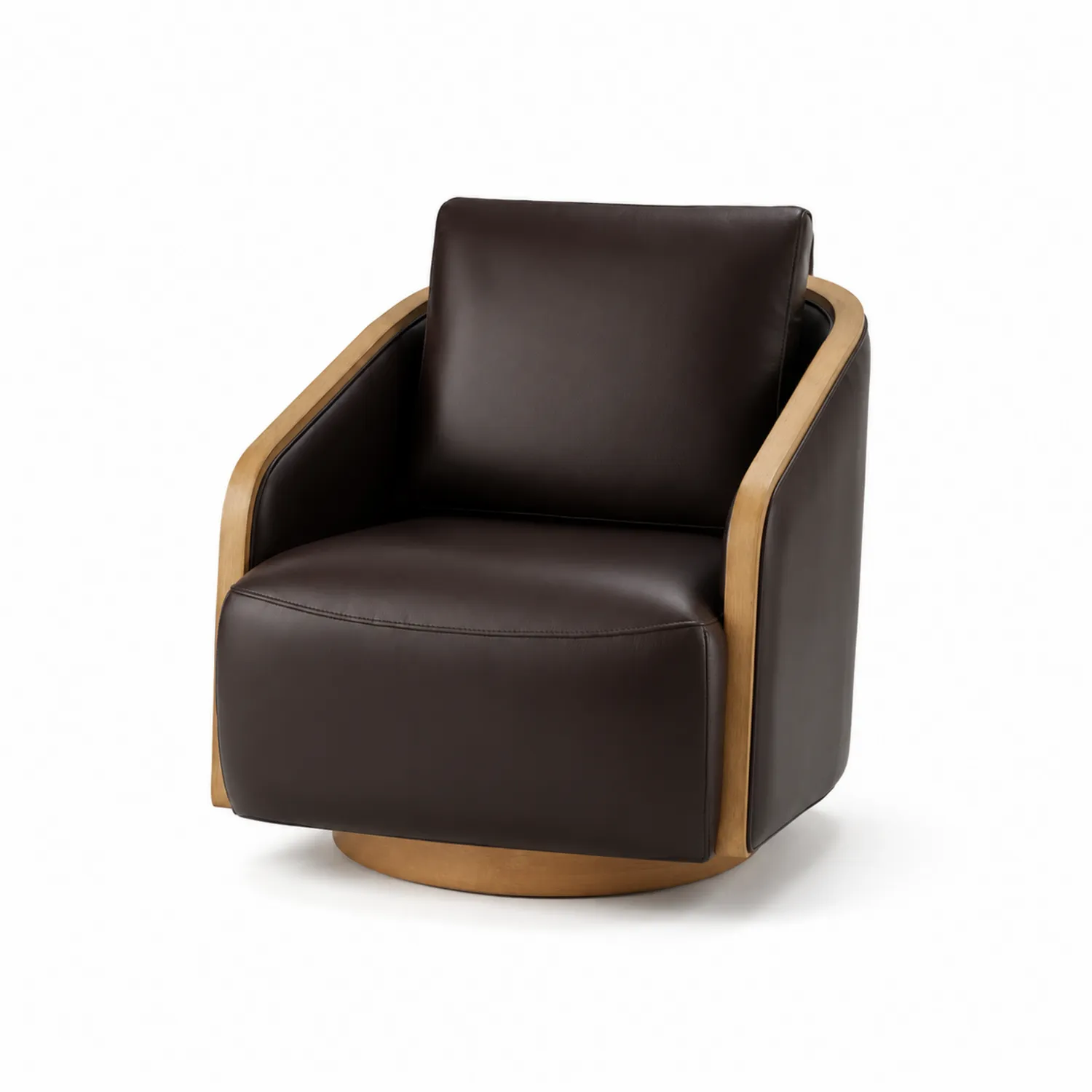 Poltrona in Legno e Pelle Sintetica Marrone con Base Girevole