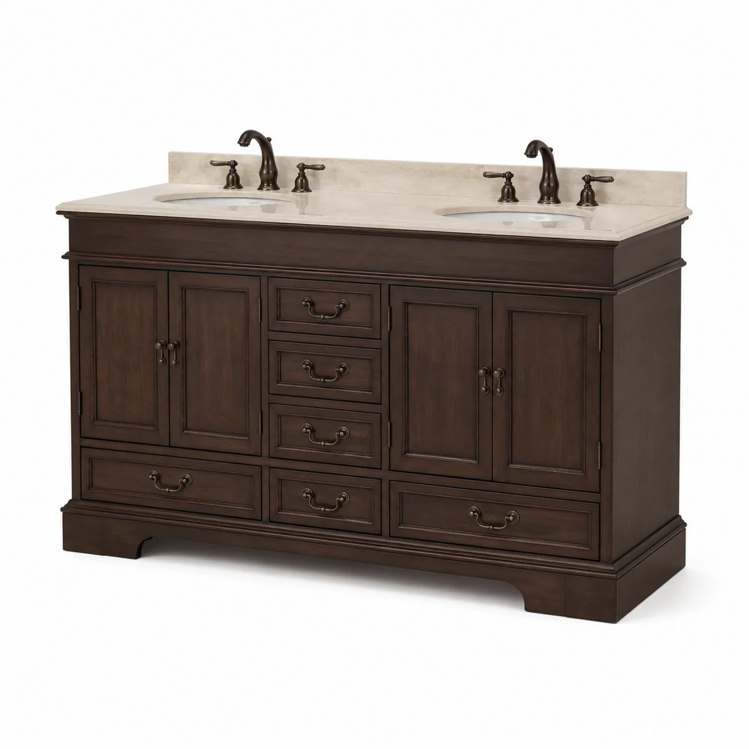 Mobile bagno con doppio lavabo in legno e marmo 160 cm Marrone