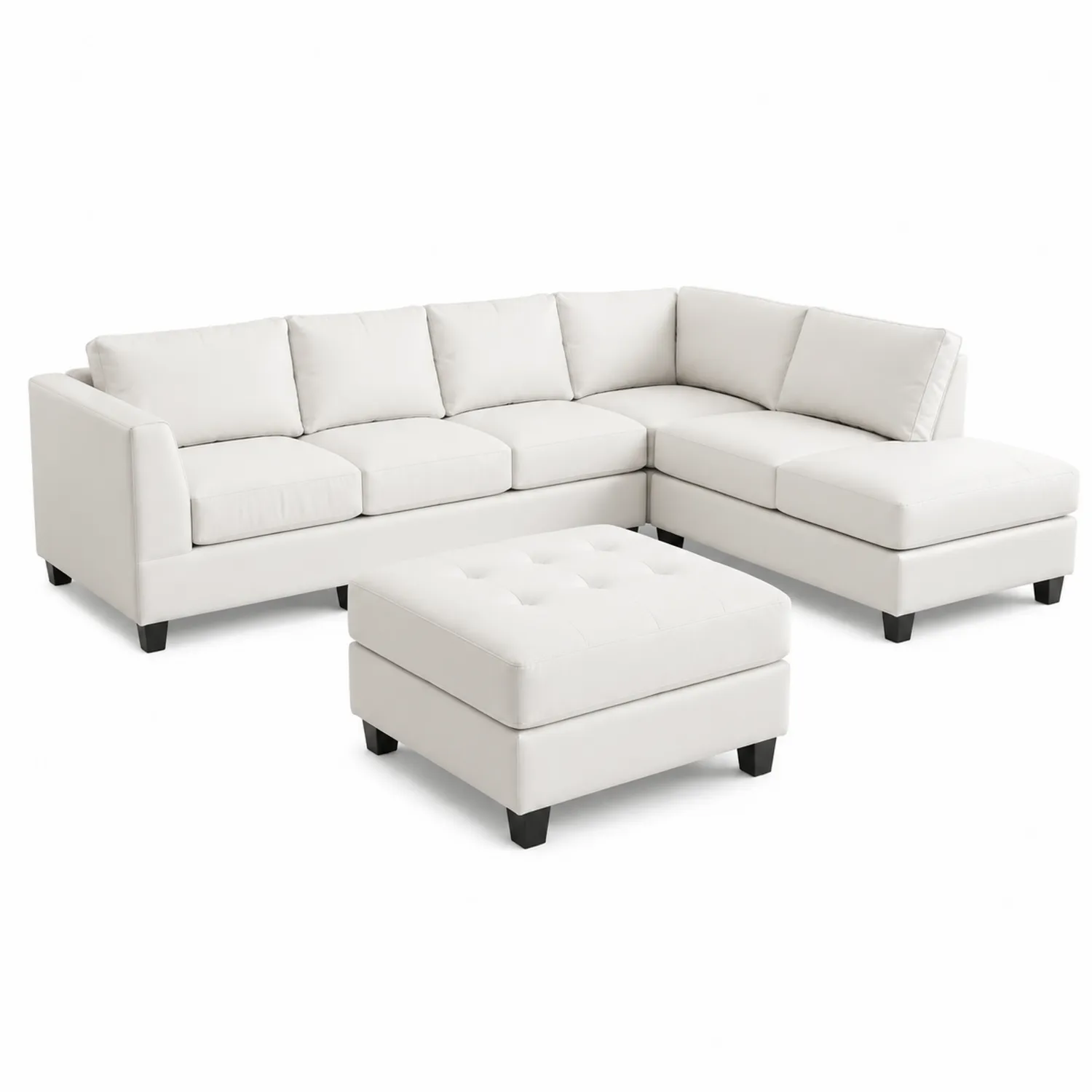 Divano angolare modulare in tessuto poliestere bianco con pouf