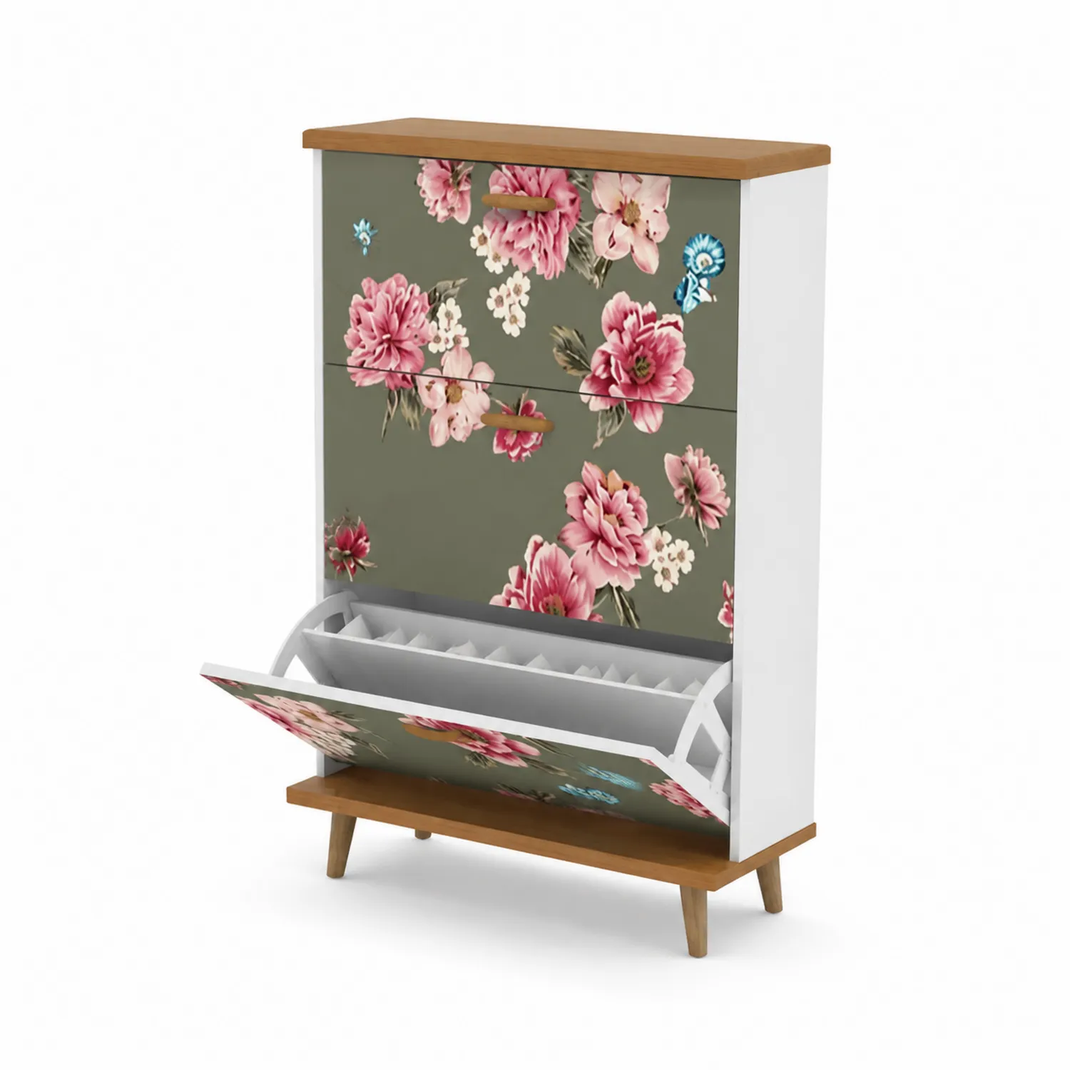 Scarpiera in Legno con Motivo Floreale 90x110x35 cm