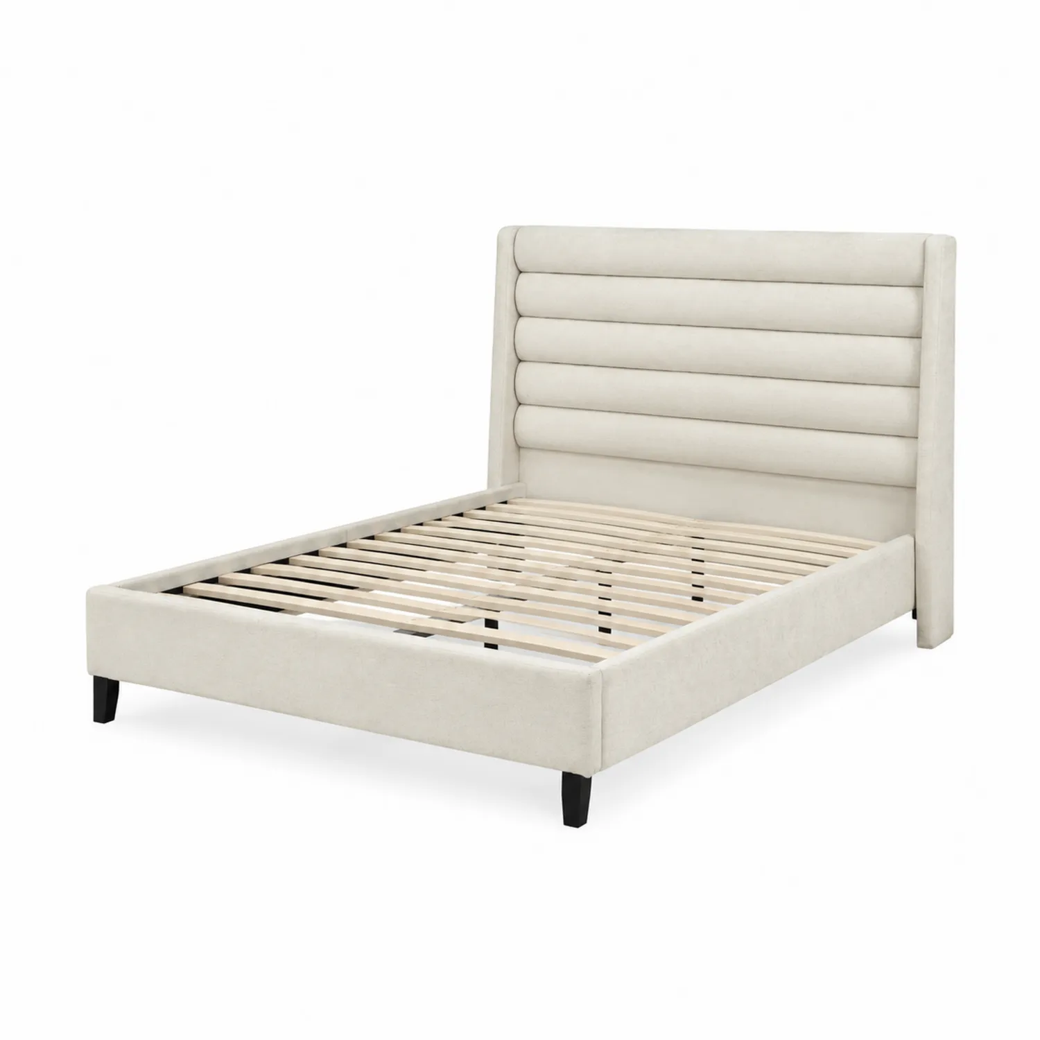 Letto matrimoniale con testiera imbottita in tessuto beige