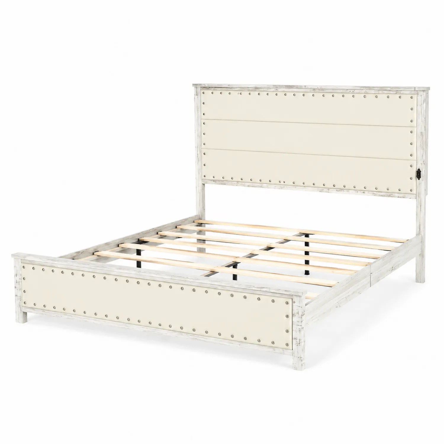Letto matrimoniale in legno bianco con testiera e pediera rivettata