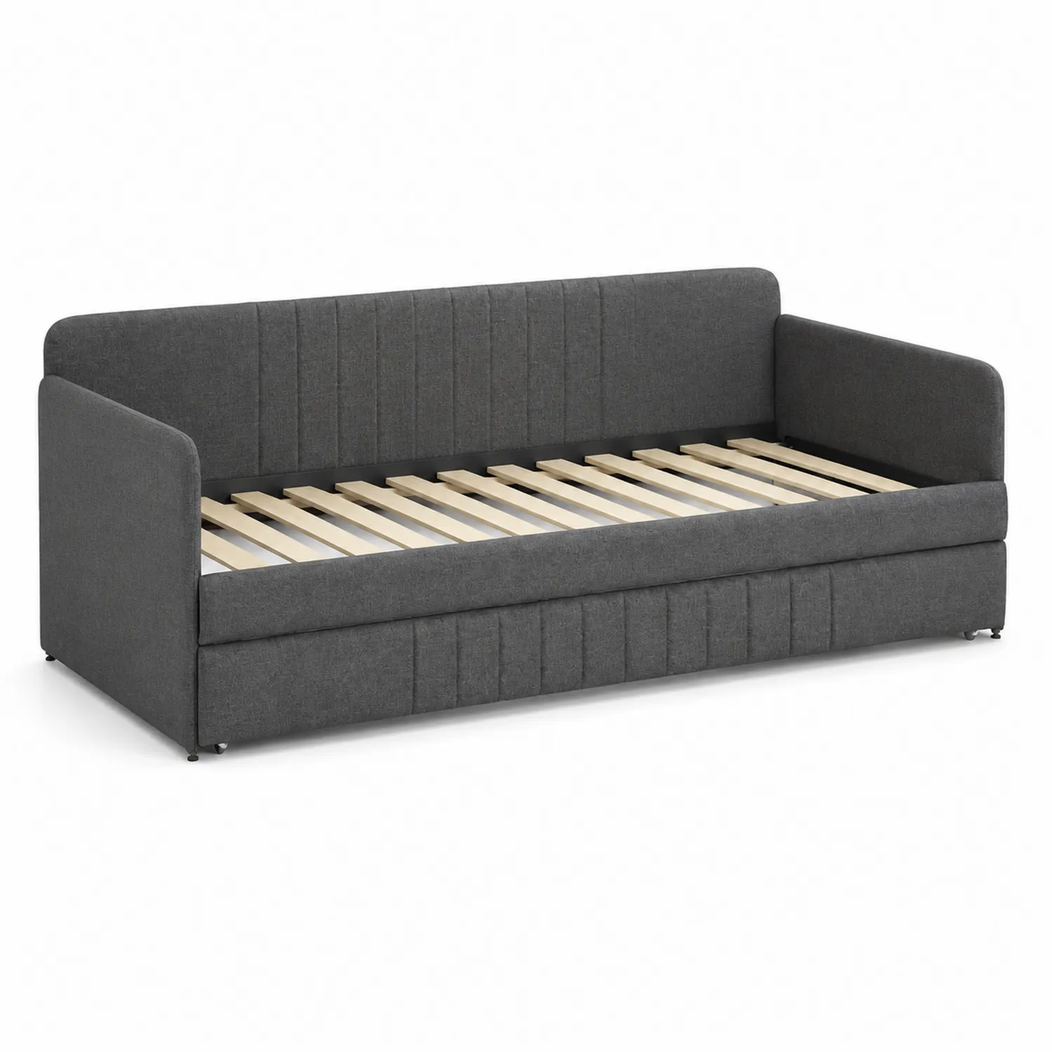 Divano letto in tessuto grigio con doghe in legno