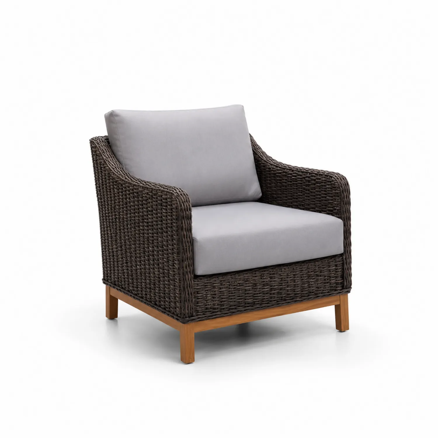 Poltrona in Rattan Sintetico con Base in Legno e Cuscini in Poliestere
