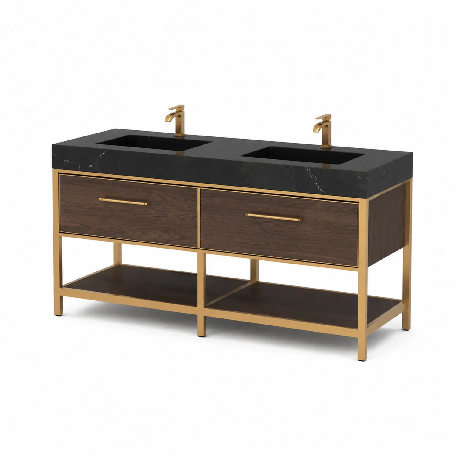 Mobile lavabo doppio in marmo nero con struttura in metallo dorato e legno scuro, 150 cm