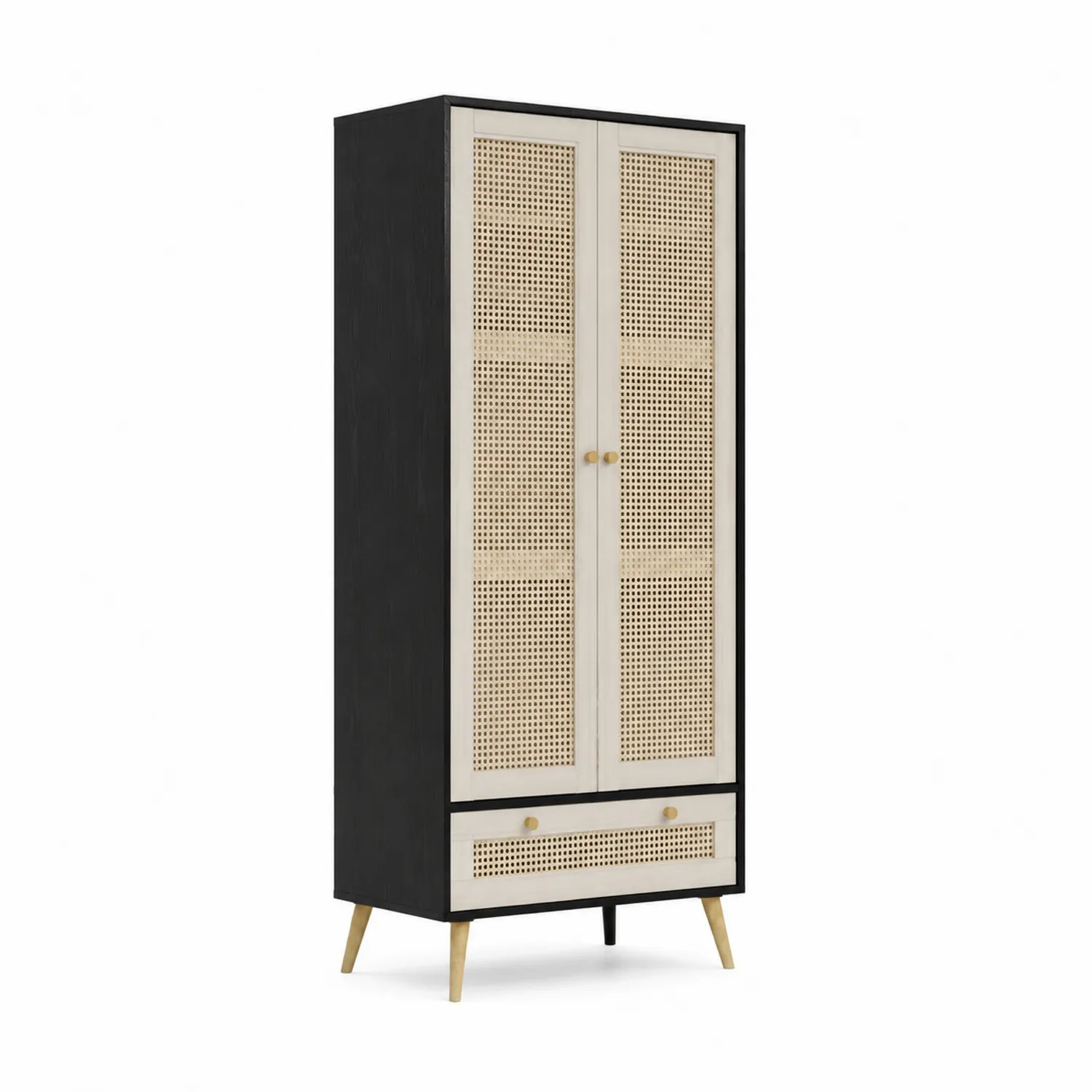 Armadio in Legno e Rattan con Cassetto e Ante a Rete Nero e Beige 200x90x45 cm