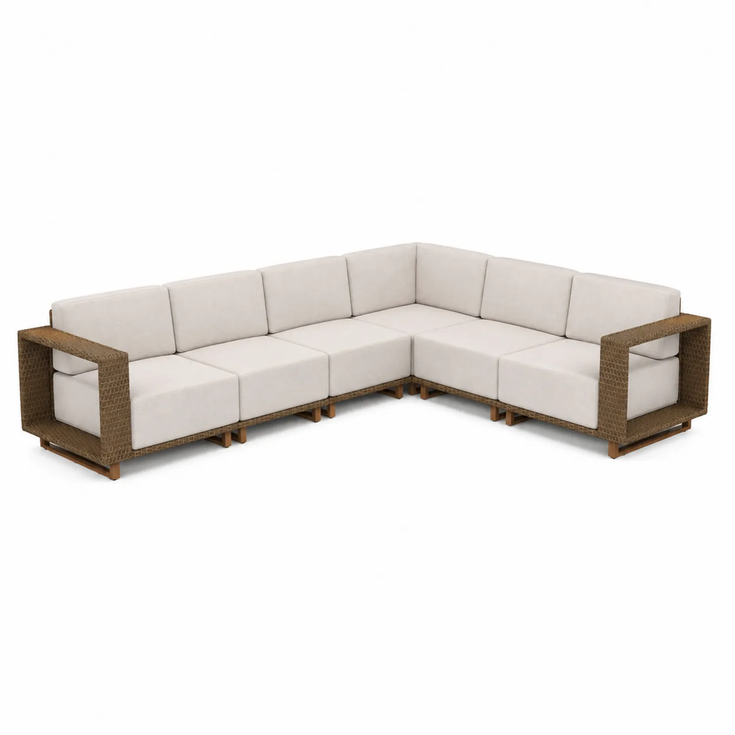 Divano angolare modulare da esterno in legno e polyrattan con tessuto beige