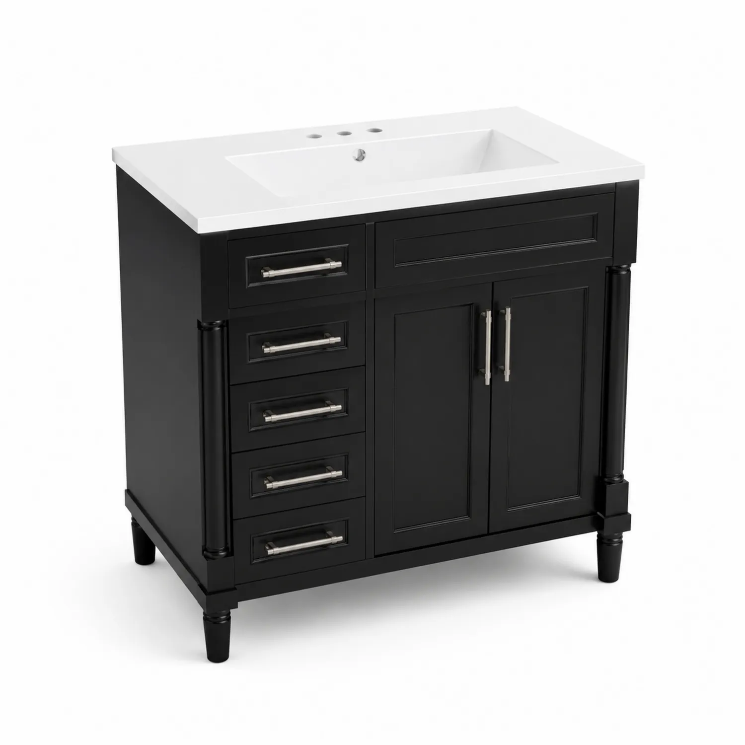 Mobile lavabo in legno nero con piano in ceramica bianca e maniglie in acciaio
