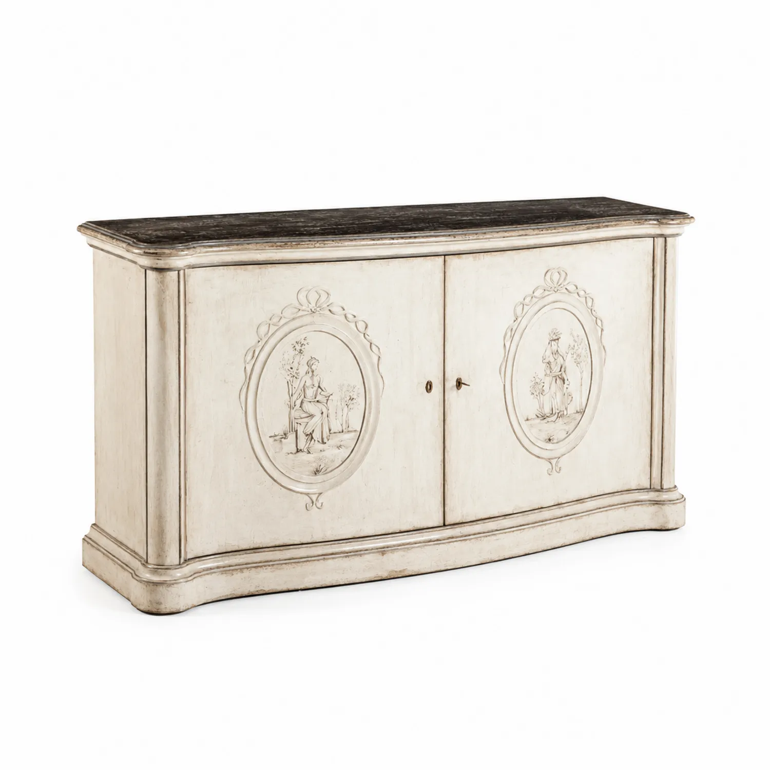 Credenza in Legno con Decorazioni Incise Bianco Antico