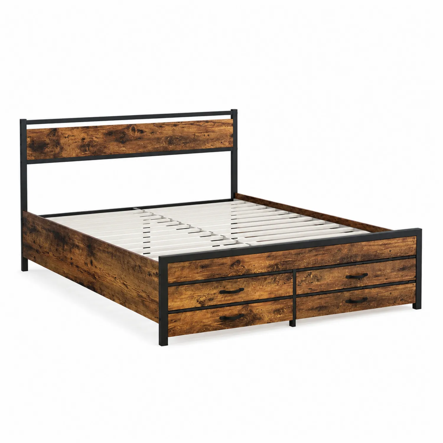 Letto matrimoniale in legno e metallo con cassetti