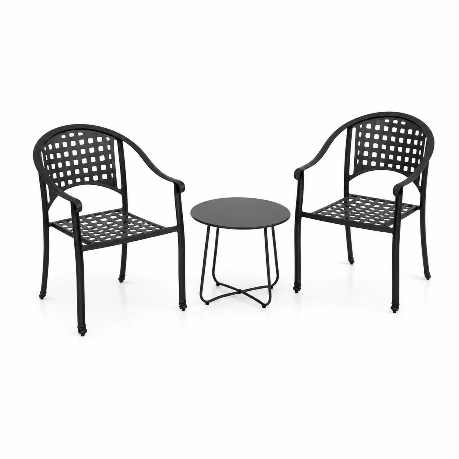 Set da Giardino in Metallo Nero con 2 Sedie e Tavolino Rotondo