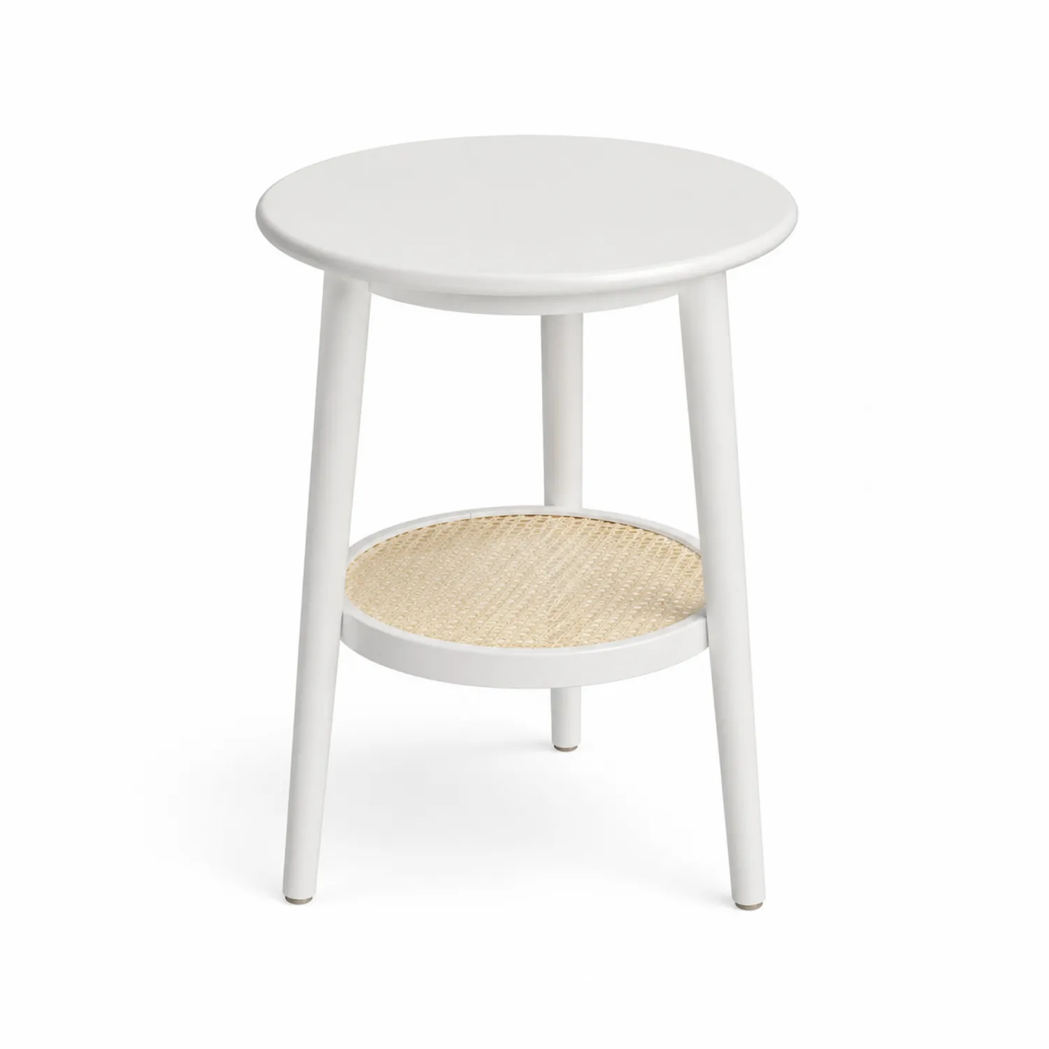 Tavolino rotondo in legno con ripiano in rattan, Bianco