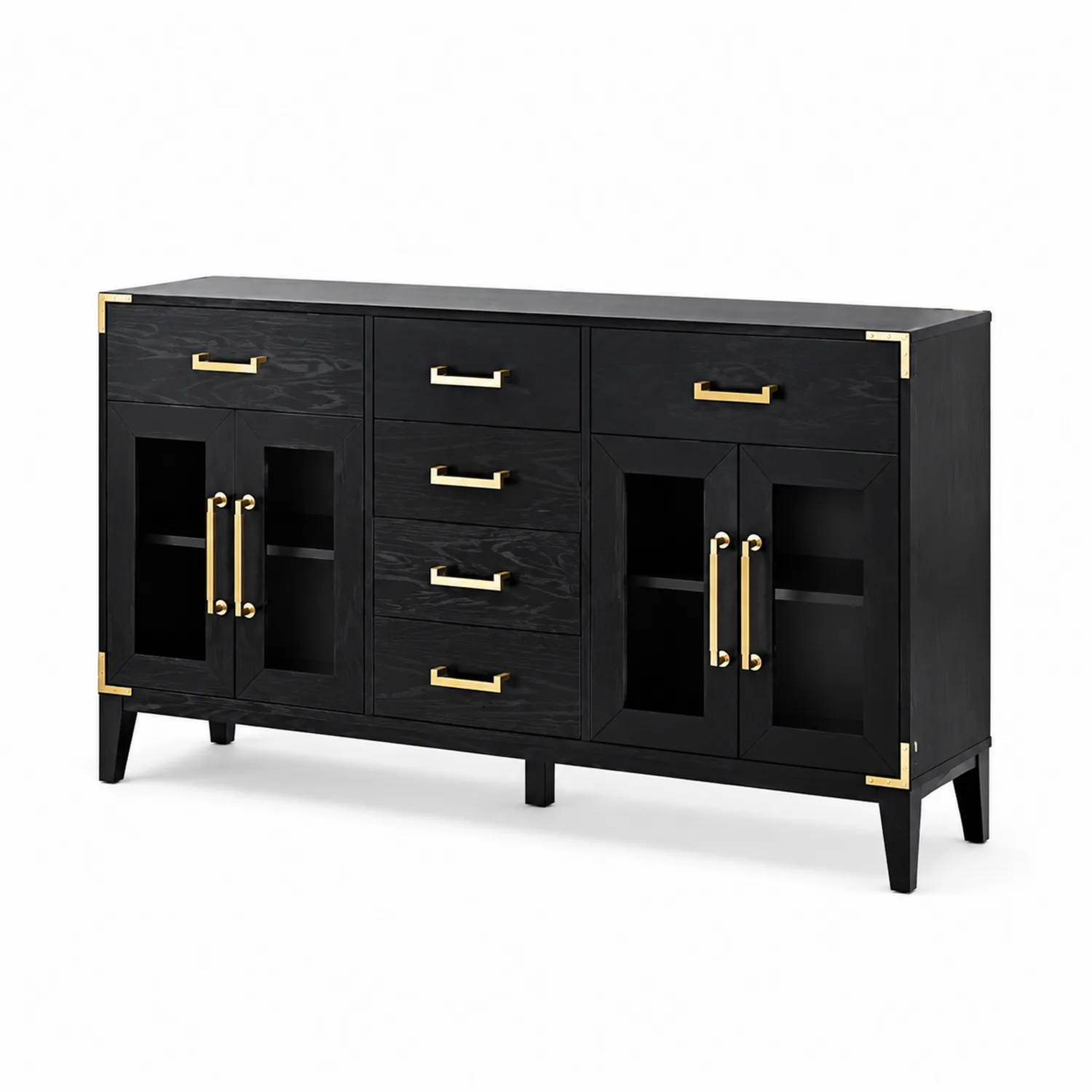 Credenza in legno nero con ante in vetro temperato e cassetti 120x40x80 cm