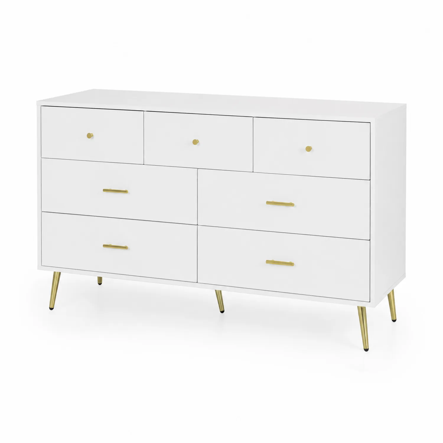 Cassettiera bianca con 7 cassetti in legno MDF e gambe in metallo dorato