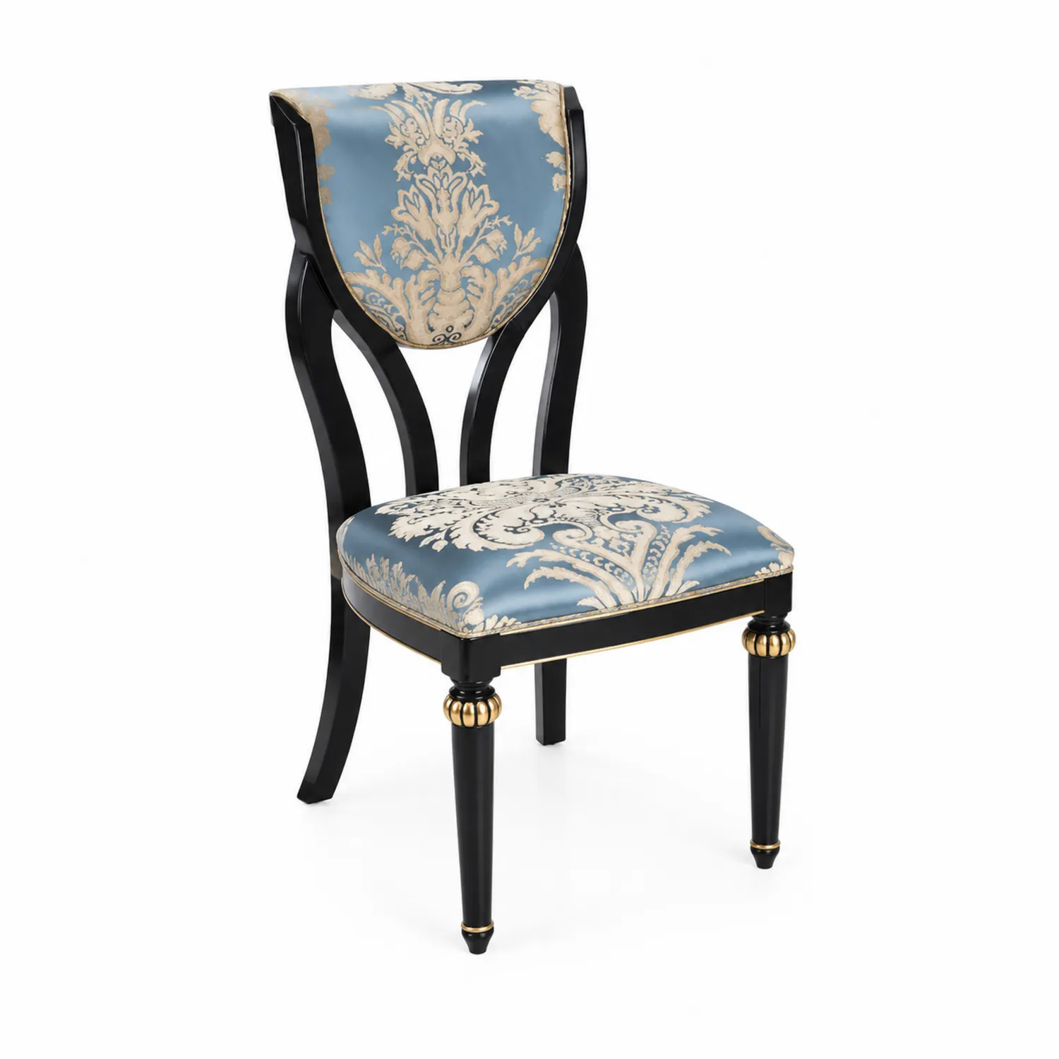 Sedia in Legno con Rivestimento Damascato Blu e Dettagli Dorati