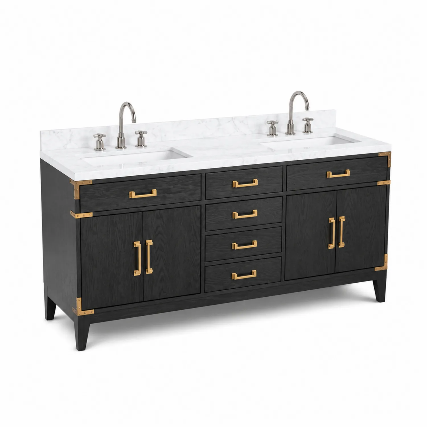 Mobile lavabo doppio in legno con marmo bianco e finiture dorate