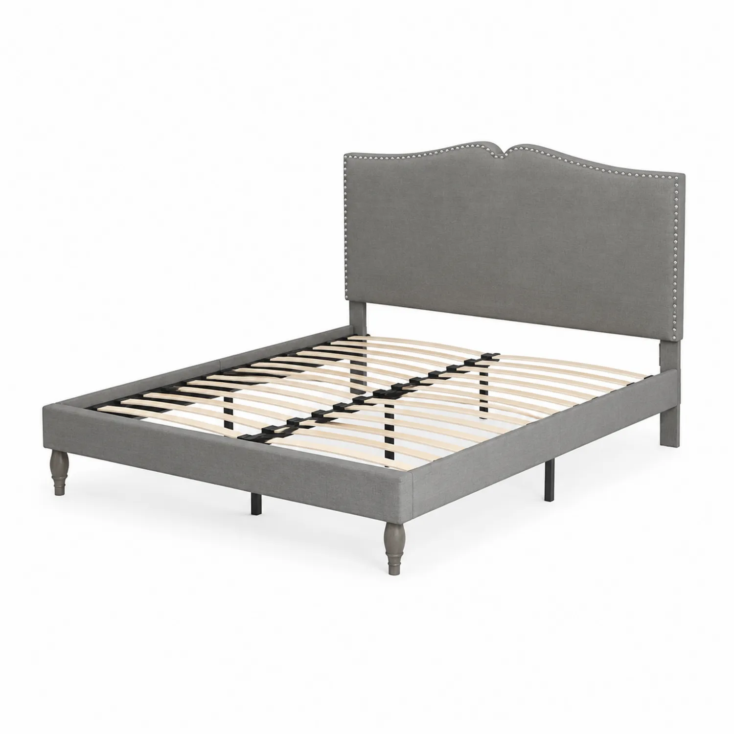 Letto imbottito in tessuto grigio con testiera decorativa 160x200cm