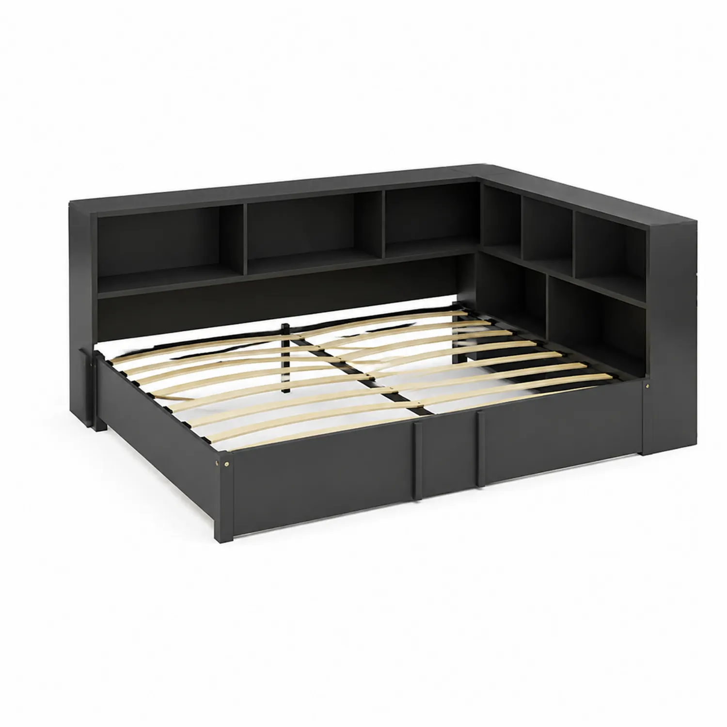 Letto ad Angolo con Scaffali in Legno Nero