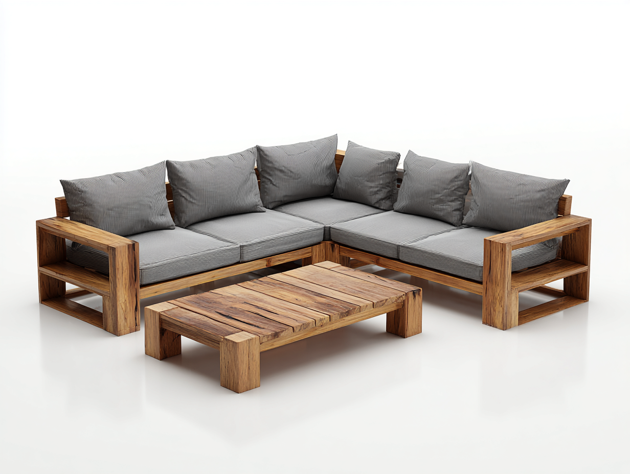 Gartensofa - Holz-Stoff - 240 x 240 x 75 cm - Grau-Natur - Modernes Outdoor-Design-Lalinfahome