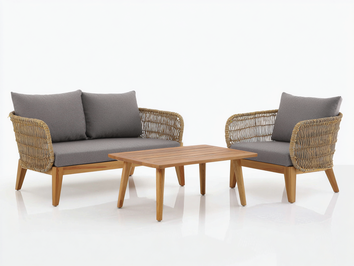 Gartensofa - Holz-Rattan-Stoff - 128 x 76 x 76 cm - Grau-Natur - Modernes Outdoor-Design-Lalinfahome