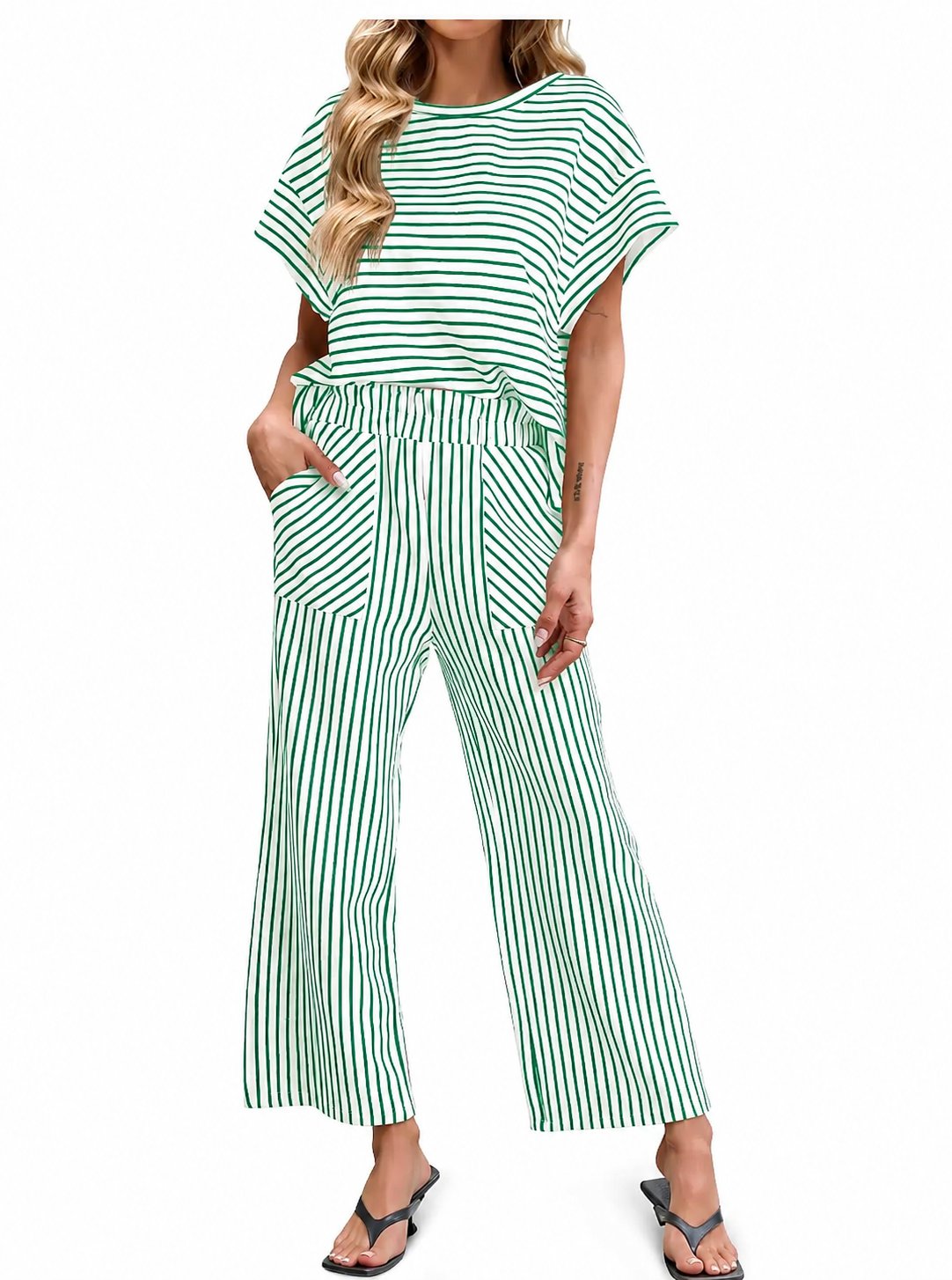 Striped Loungewear Set – Short Sleeve Top & Wide Leg Pants