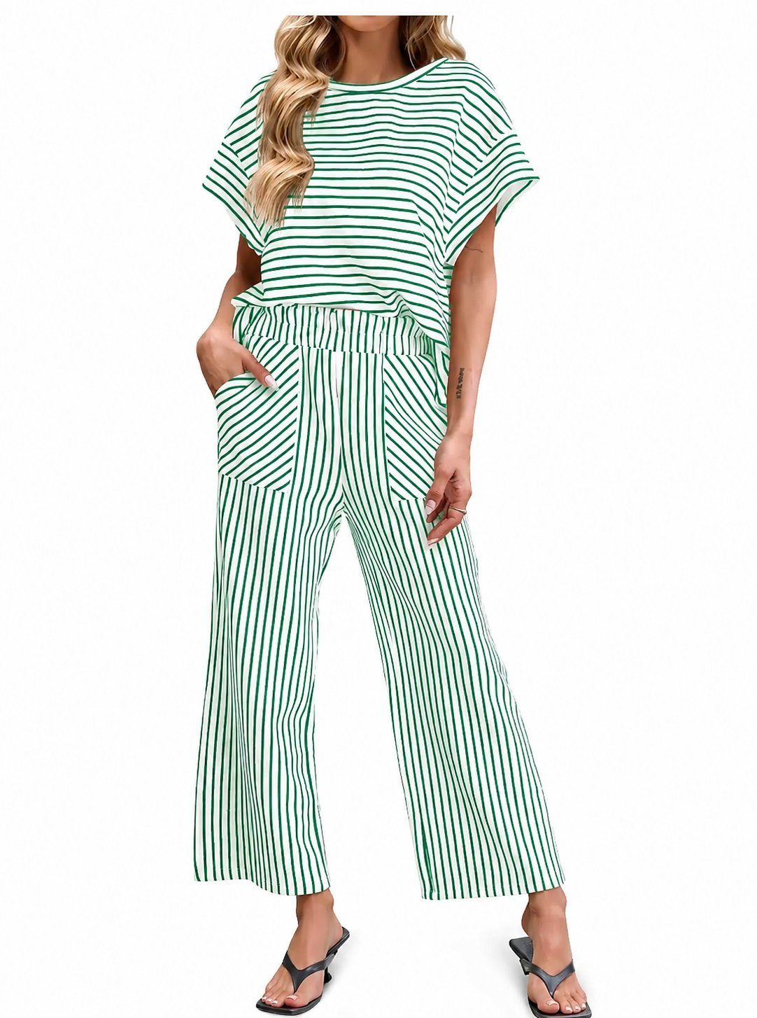 Striped Loungewear Set – Short Sleeve Top & Wide Leg Pants