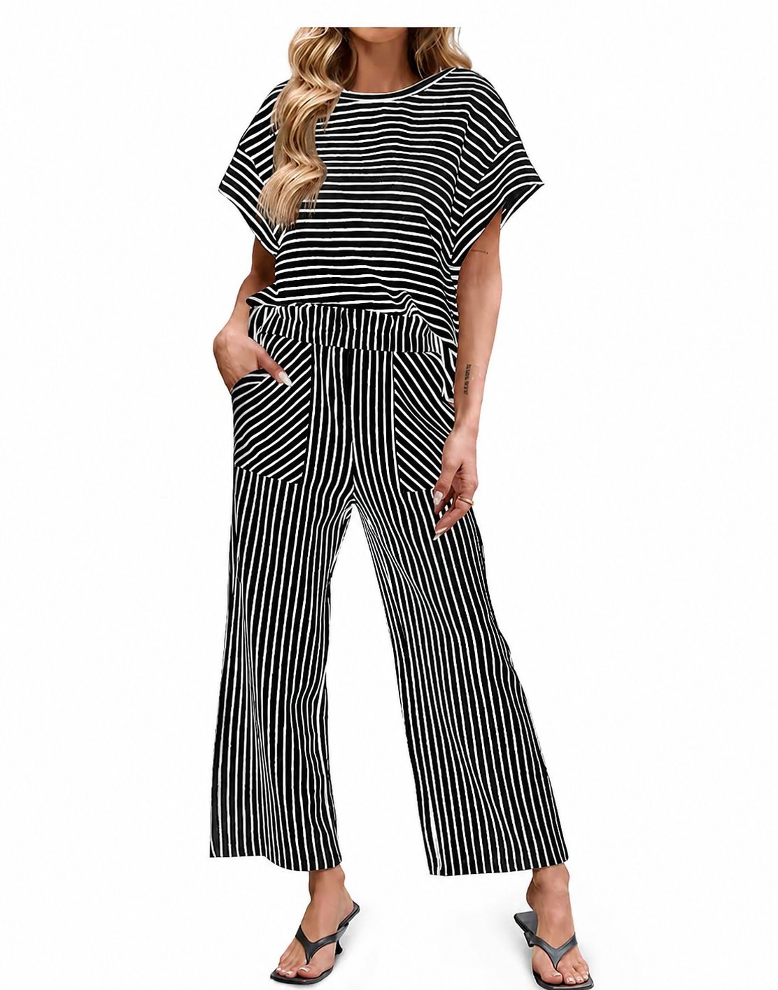 Striped Loungewear Set – Short Sleeve Top & Wide Leg Pants