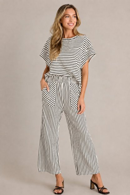 Striped Loungewear Set – Short Sleeve Top & Wide Leg Pants