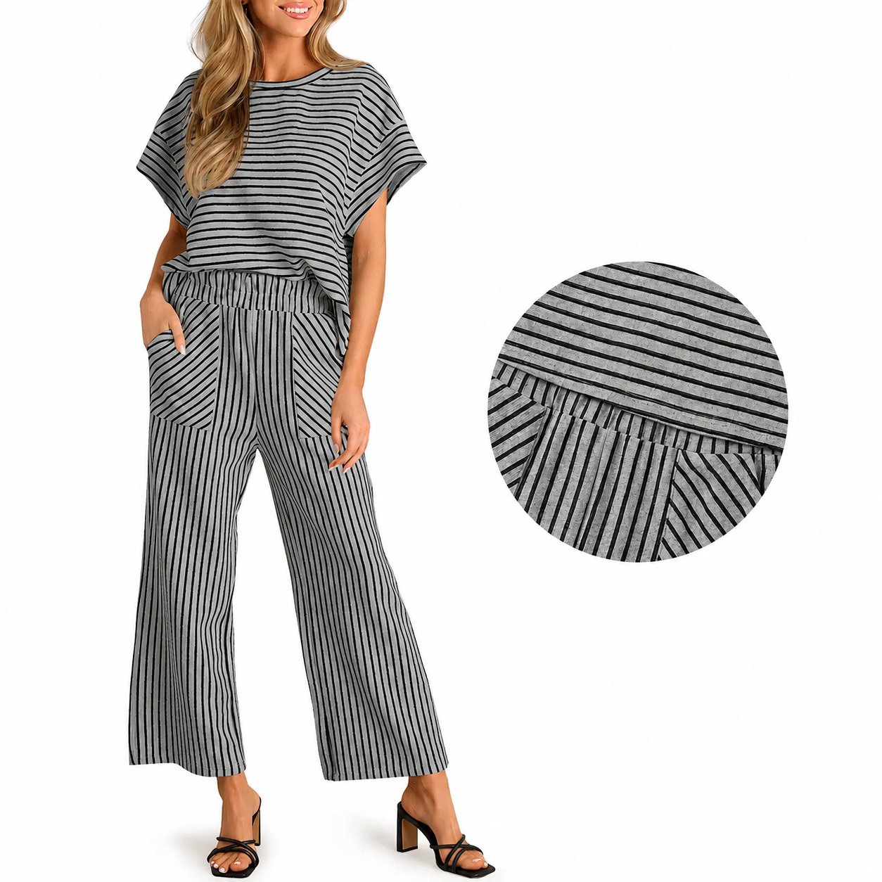 Striped Loungewear Set – Short Sleeve Top & Wide Leg Pants