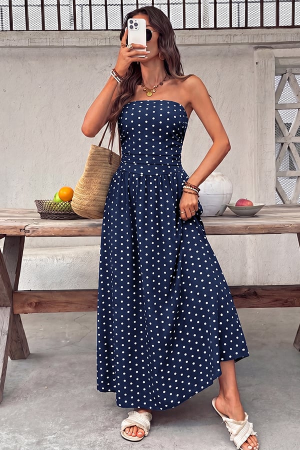 Women's Polka-Dot Strapless Maxi Dress — Summer Shirred Tube Top