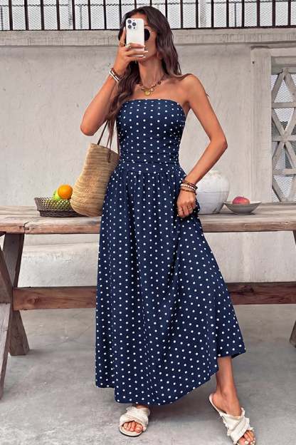Women's Polka-Dot Strapless Maxi Dress — Summer Shirred Tube Top