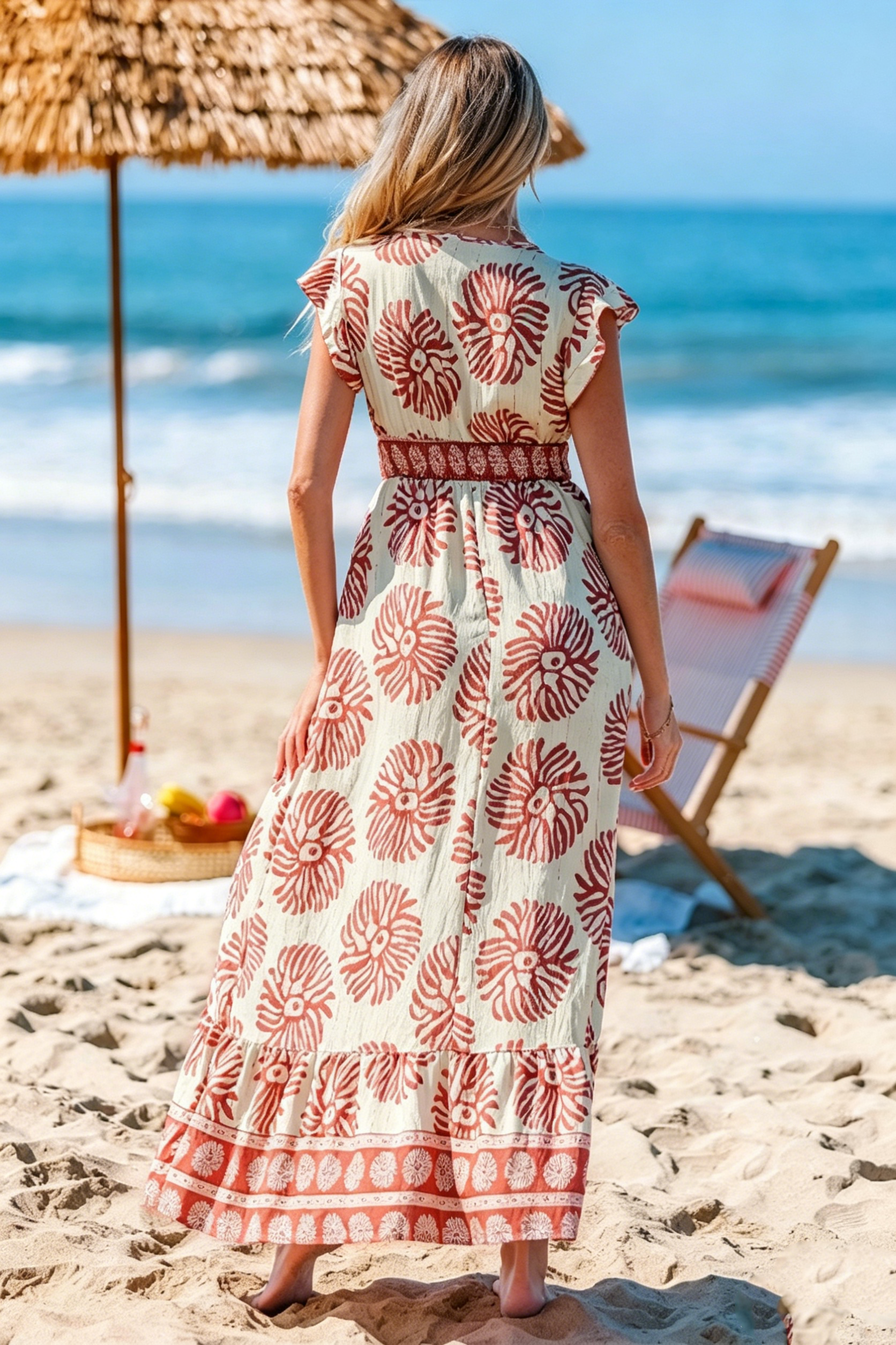 Women's Casual Bohemian Summer Vacation Dress — Featuring V-Neck, Short Sleeves, High Waist, and Ruffled Hem