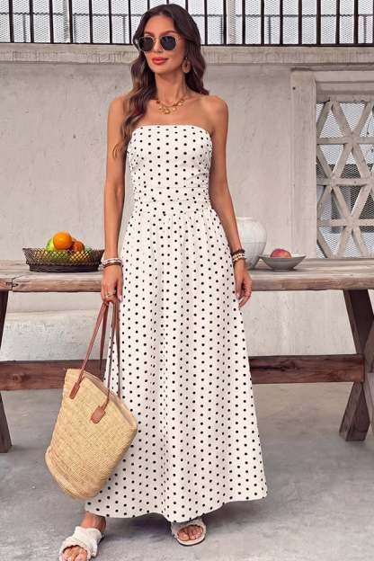 Women's Polka-Dot Strapless Maxi Dress — Summer Shirred Tube Top