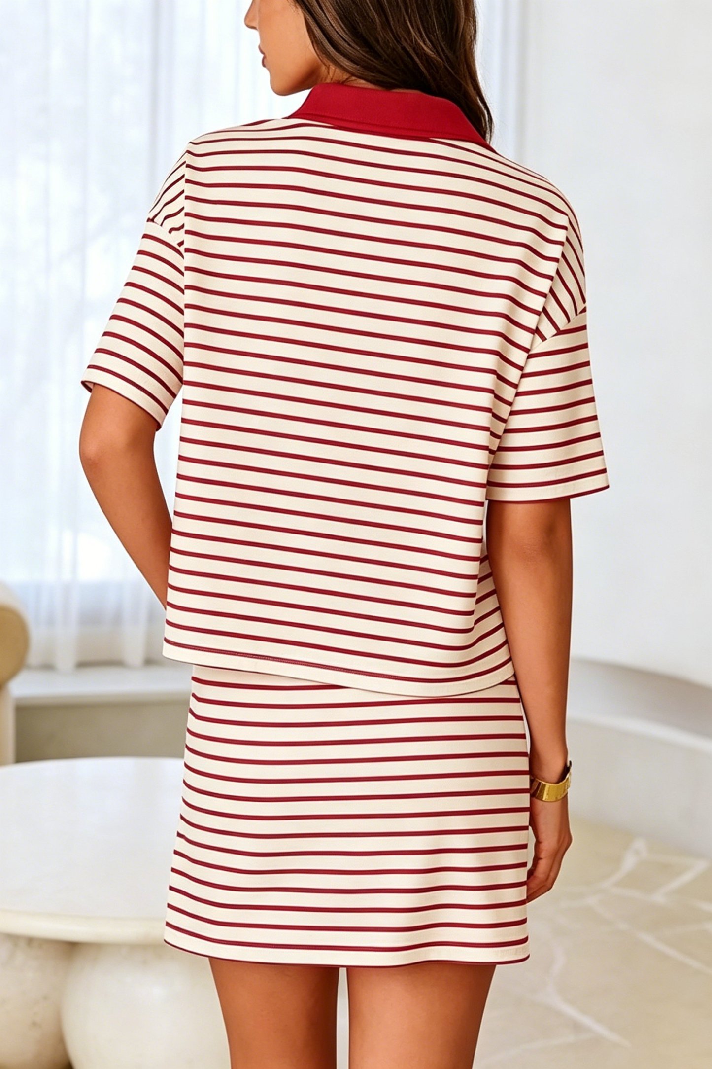 Striped Polo Top & Skort Lounge Set（Buy 2 Free Shipping）