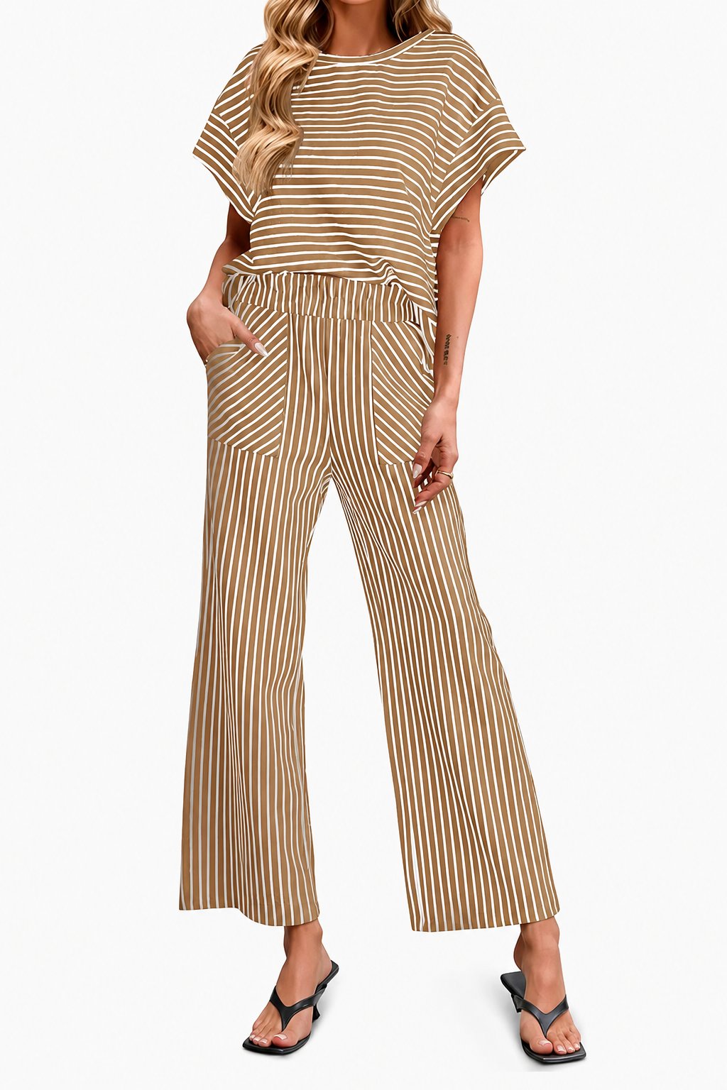Striped Loungewear Set – Short Sleeve Top & Wide Leg Pants