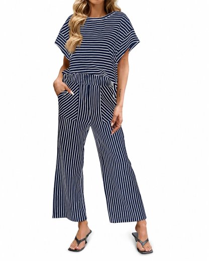 Striped Loungewear Set – Short Sleeve Top & Wide Leg Pants