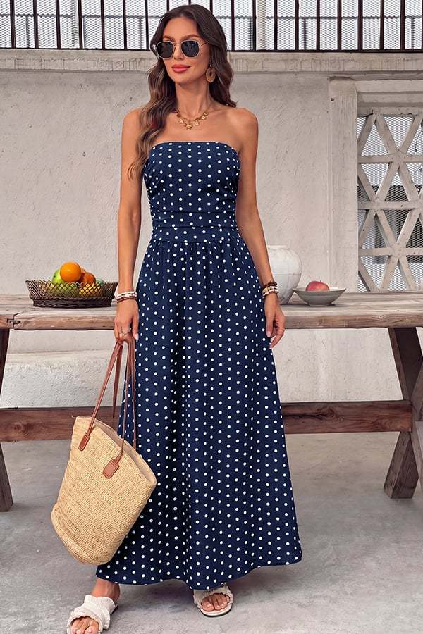 Women's Polka-Dot Strapless Maxi Dress — Summer Shirred Tube Top