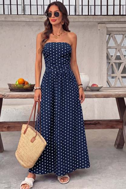 Women's Polka-Dot Strapless Maxi Dress — Summer Shirred Tube Top