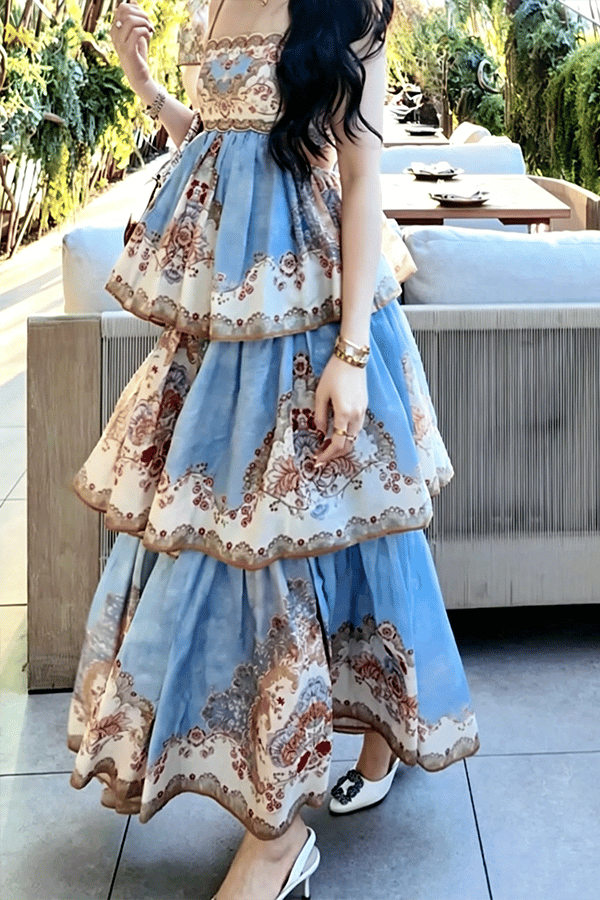 Women's Printed Tiered Swing Maxi Dress（Buy 2 Free Shipping）