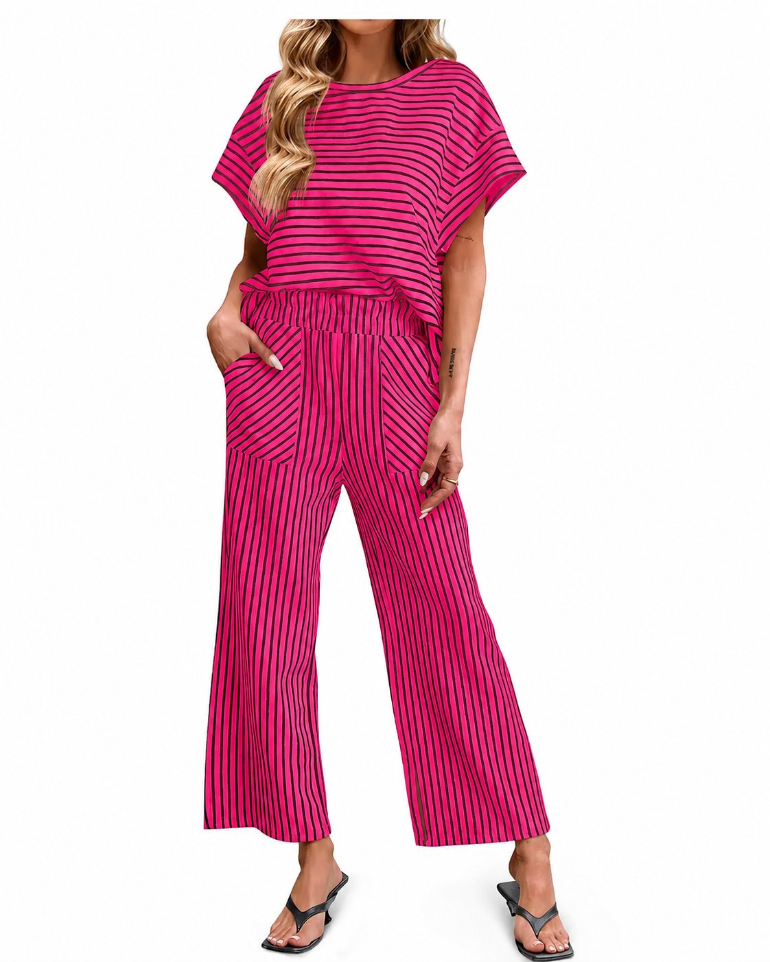 Striped Loungewear Set – Short Sleeve Top & Wide Leg Pants