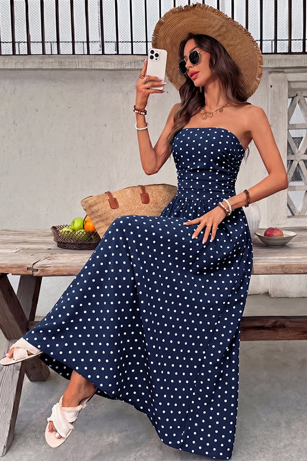 Women's Polka-Dot Strapless Maxi Dress — Summer Shirred Tube Top