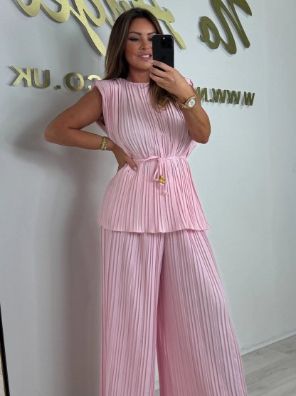 Tie Waist Pleated Top & Trouser Matching Set (Buy 2 Free Shipping)
