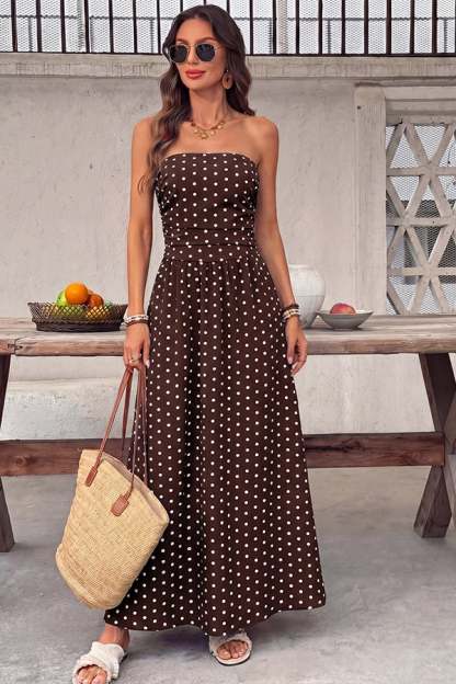Women's Polka-Dot Strapless Maxi Dress — Summer Shirred Tube Top