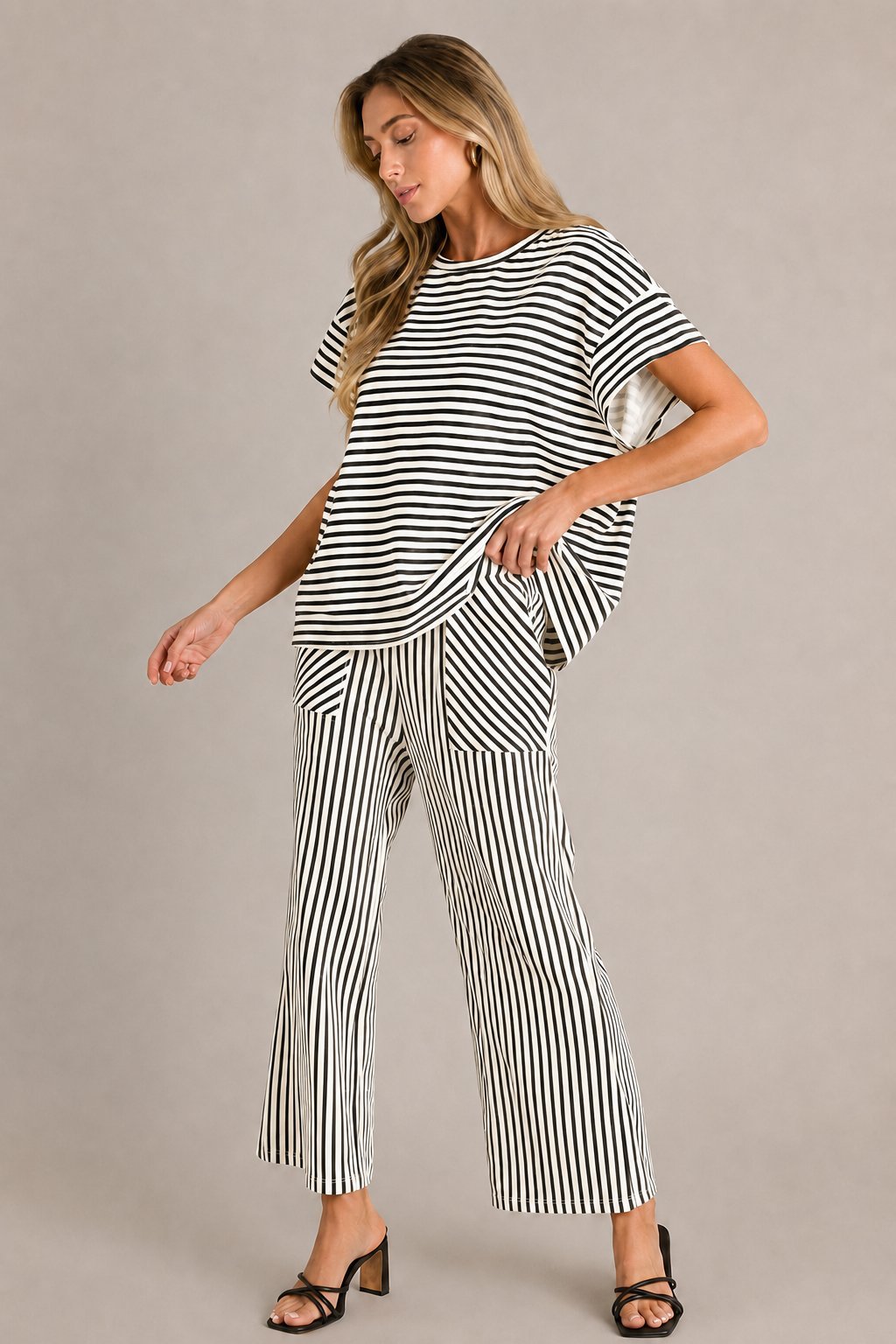 Striped Loungewear Set – Short Sleeve Top & Wide Leg Pants
