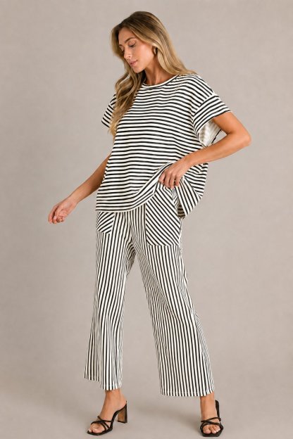 Striped Loungewear Set – Short Sleeve Top & Wide Leg Pants