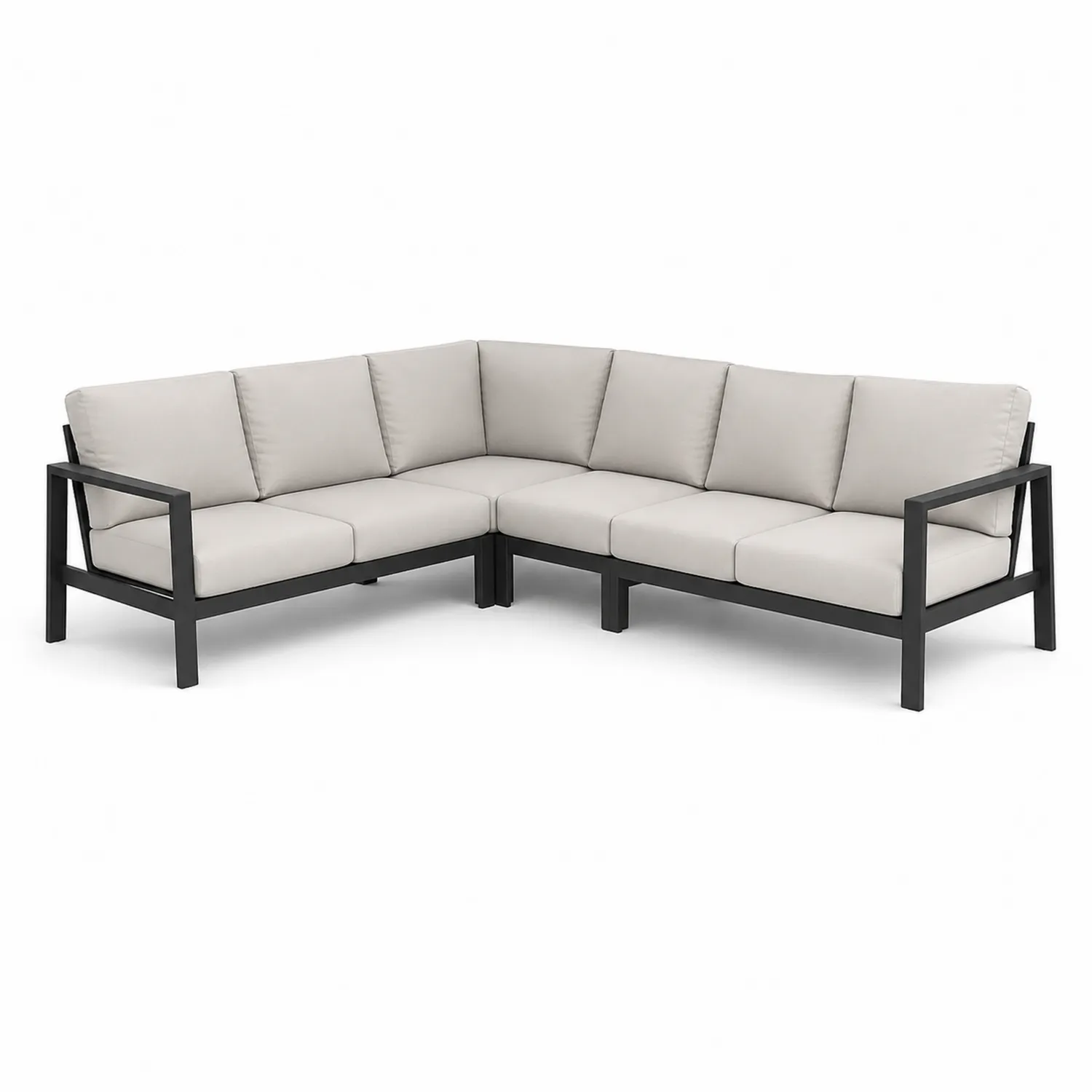 Sofá modular en L de aluminio con cojines crema y negro