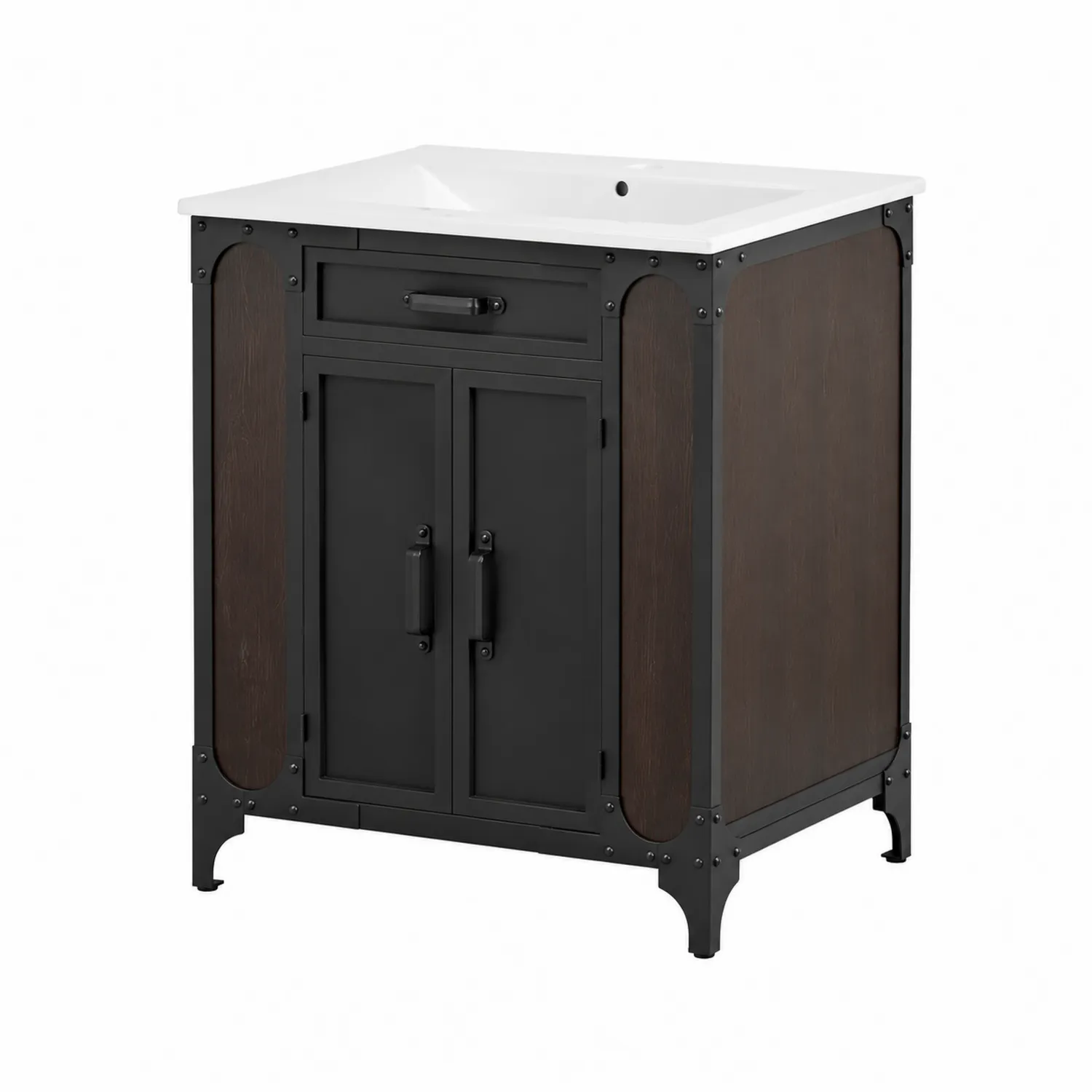 Mueble bajo lavabo de metal y madera con lavabo de cerámica blanca