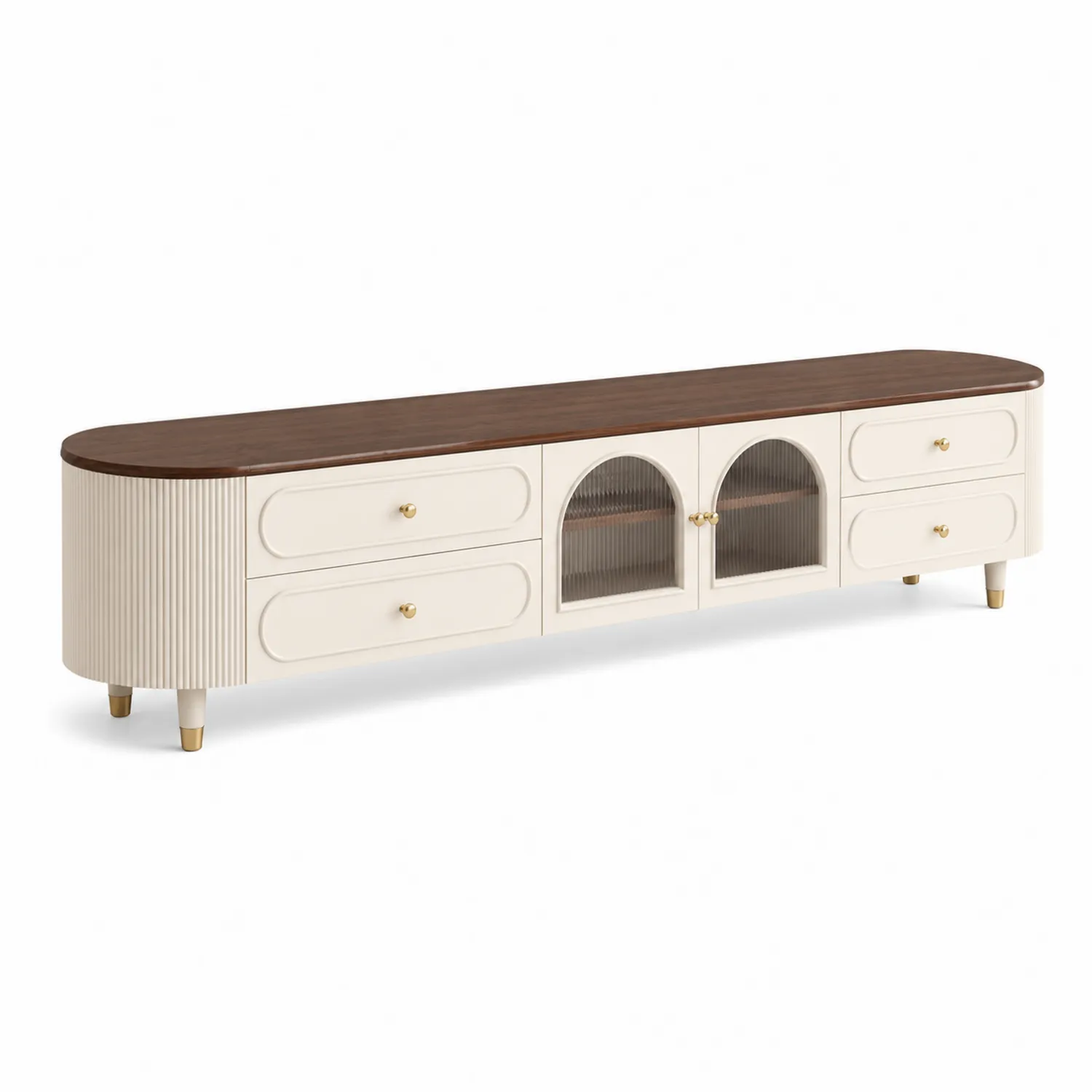 Mueble de TV de Madera y Vidrio Templado Estriado 180 cm Blanco/Madera