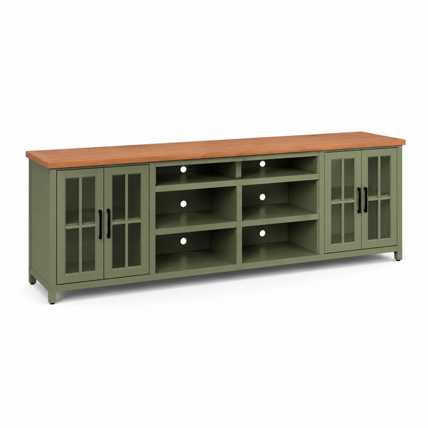 Mueble de TV verde y madera con puertas de vidrio y estantes abiertos