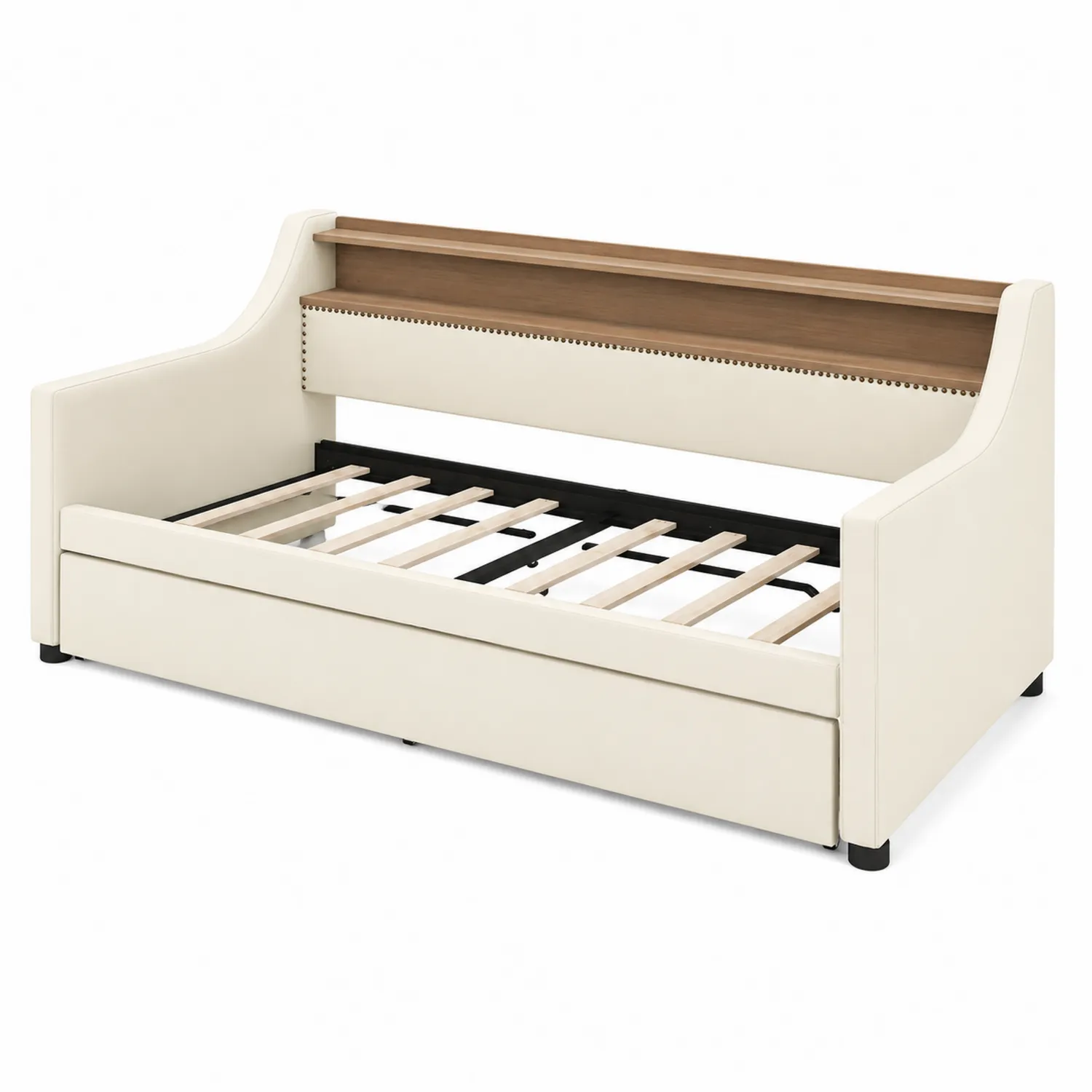 Cama de día de madera y piel sintética crema con almacenamiento